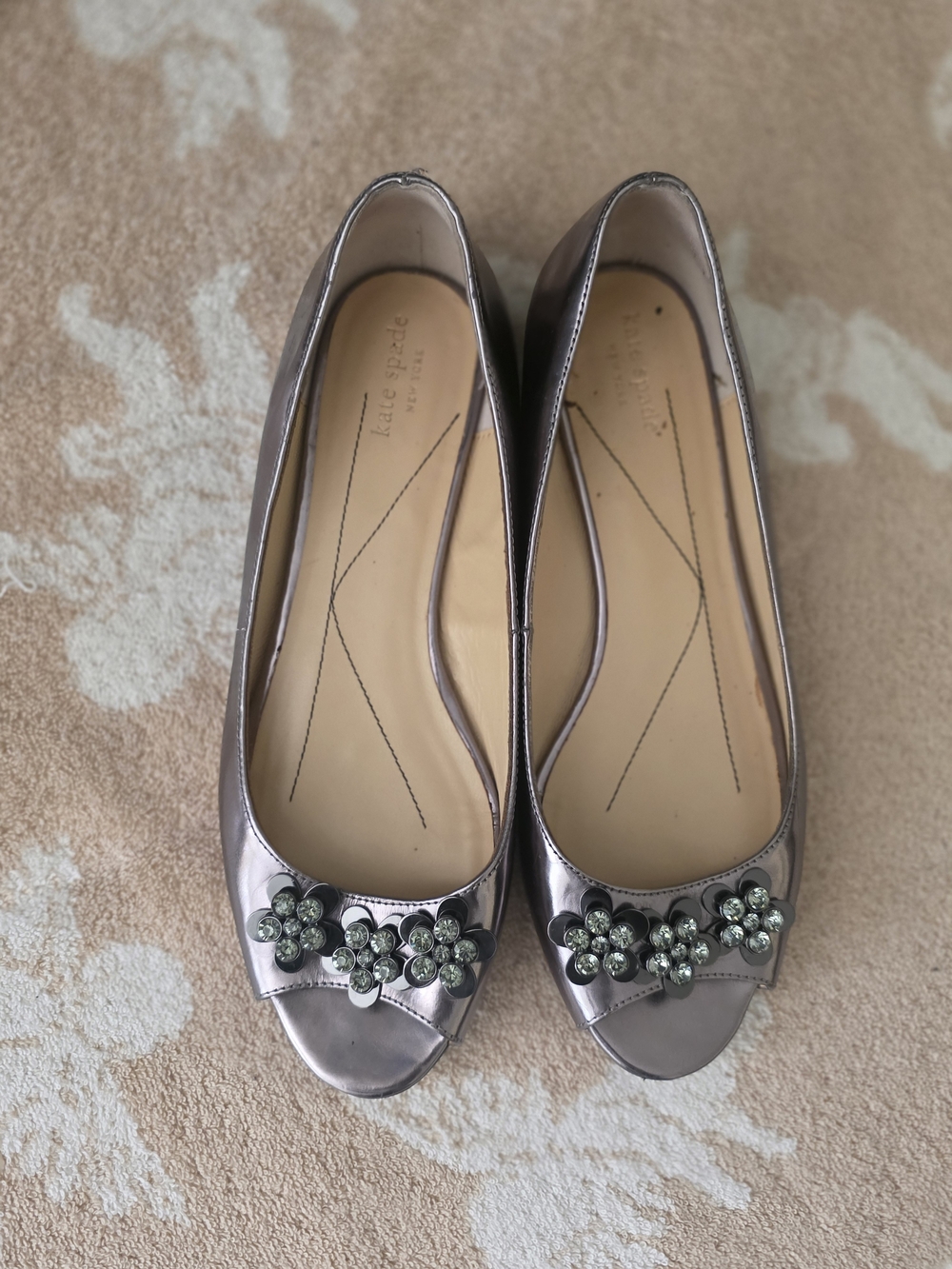 Kate Spade Metallic Pewter Peep-Toe Flats with Floral Crystal Embellishments